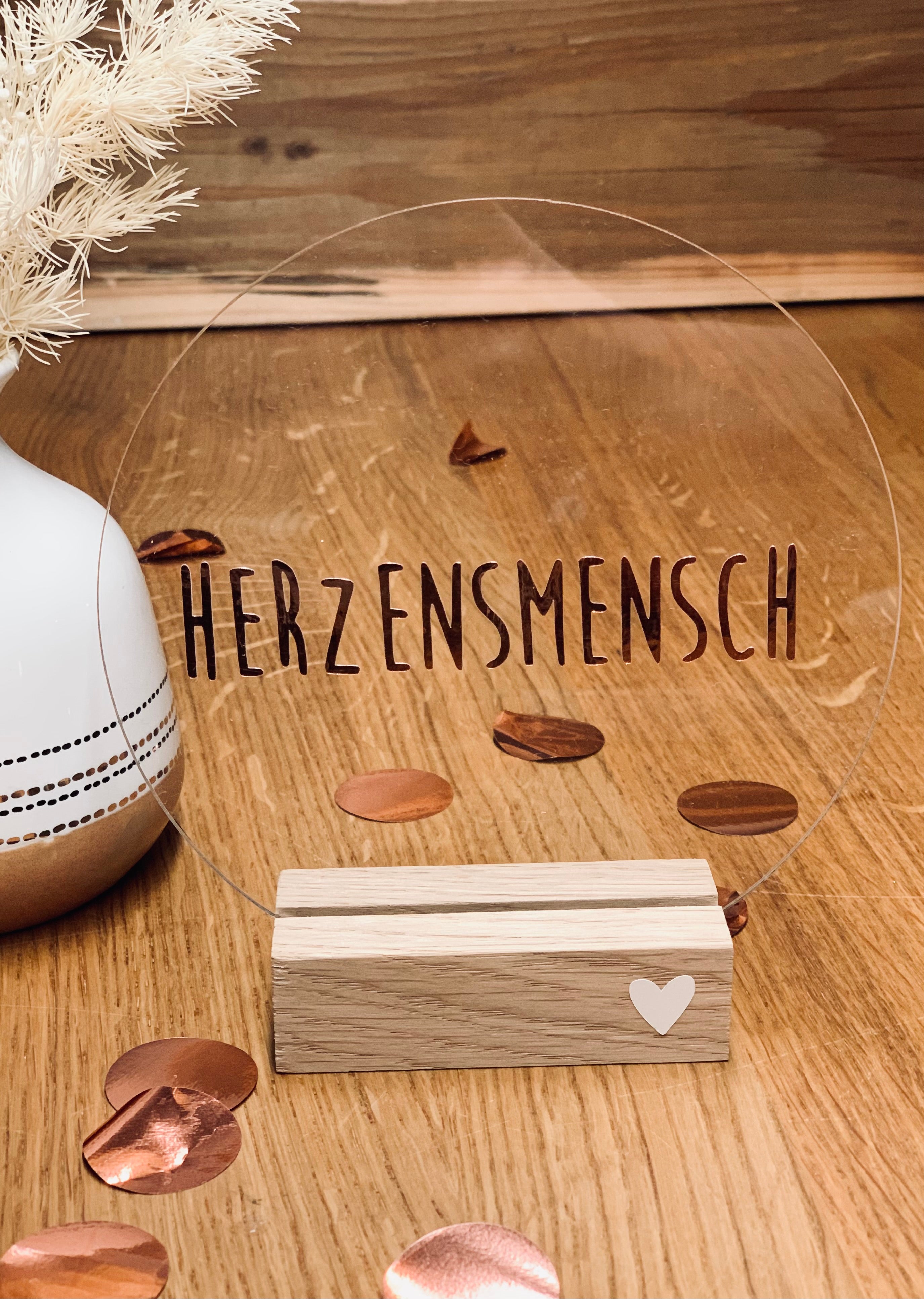 Acrylkarte rund "Herzensmensch" rosegold